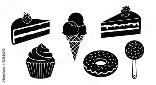 Black and white illustration of assorted desserts including cake ice cream and donut