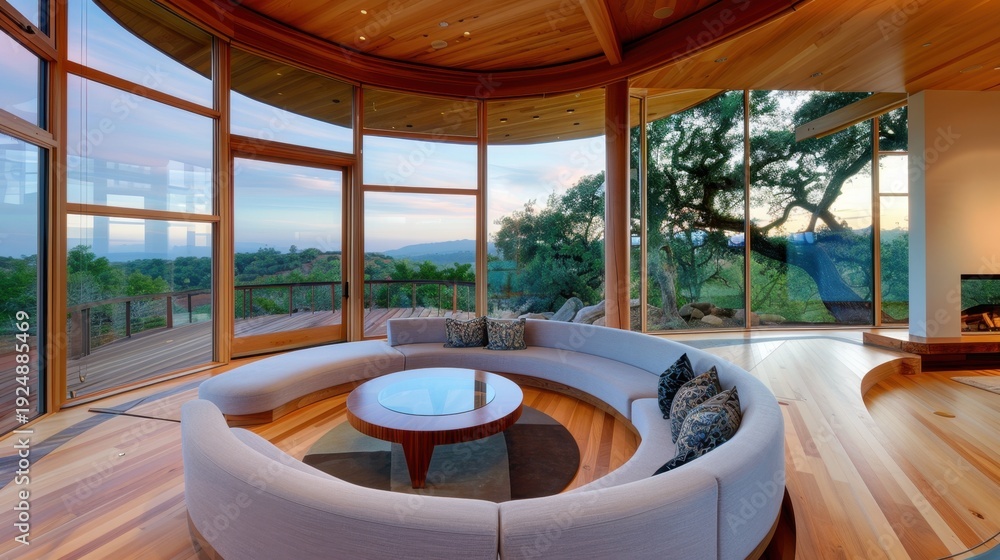 Fototapeta premium Elegant Modern Living Room with Panoramic Windows and Scenic View in Contemporary Design Space