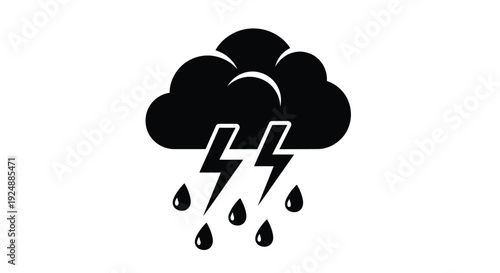 A black silhouette of a storm cloud with lightning and raindrops