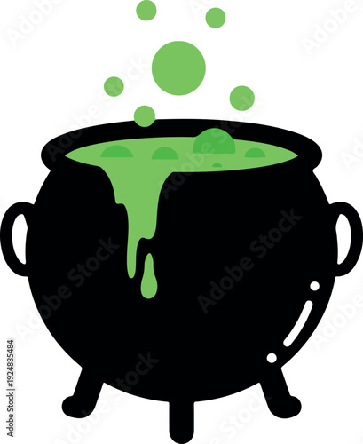Witch Cauldron Bubbling Green Potion Isolated Minimal Flat Design
