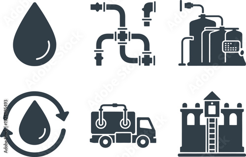 A collection of industrial icons representing water and manufacturing processes