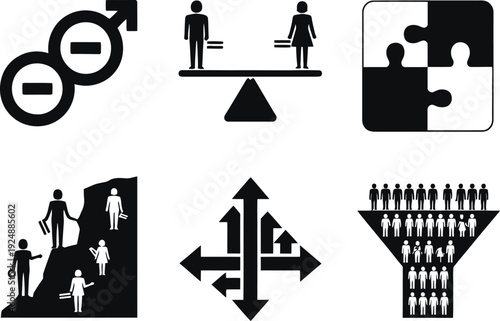 A collection of black and white icons representing equality and diversity