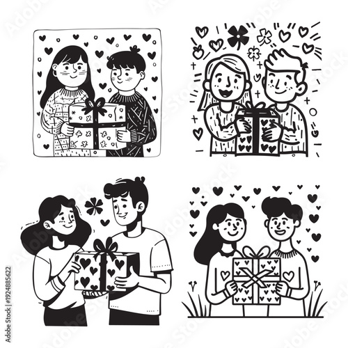 Black and white valentine's day illustrations of four couples exchanging gifts