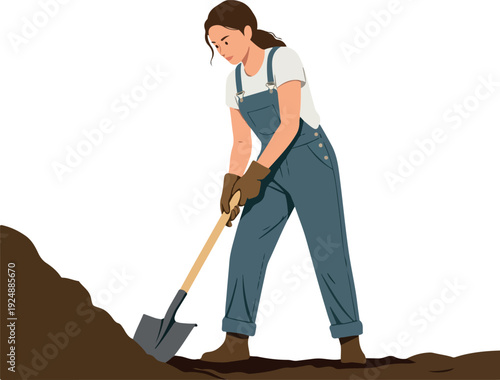 Woman Gardening Digging Soil with Shovel Flat Design Isolated Object