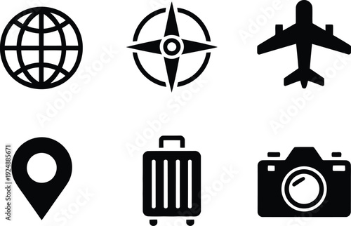 A set of travel icons on a white background for navigation and tourism