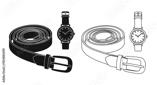 Black and white illustration of belts and wristwatches arranged symmetrically