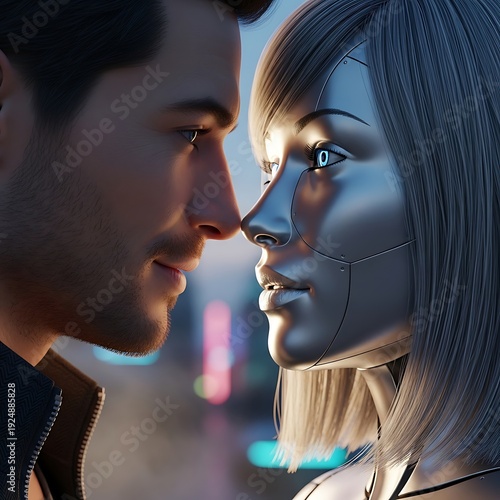 Close up view of a man and a female android sharing an intimate moment outdoors at night