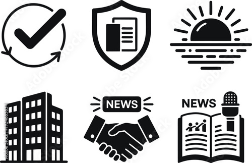 A collection of black and white icons representing news and security