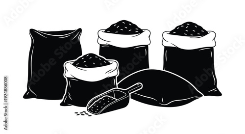 Black and white illustration depicting three full and two partial sacks