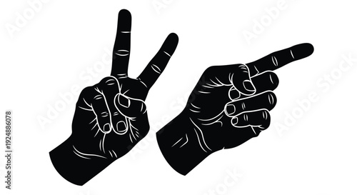 Black and white illustration of three hands displaying different gestures