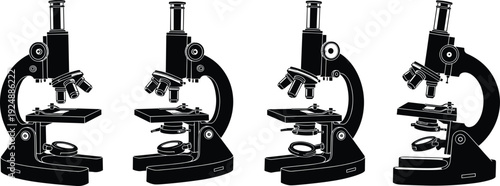 Black silhouette illustrations of compound microscopes in row, detailed laboratory science equipment design for biology, research, and education