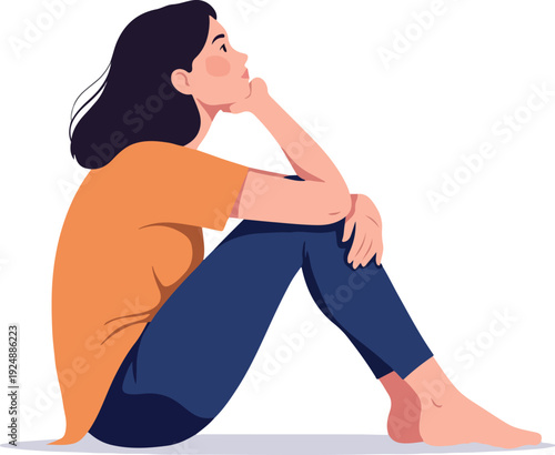 Woman Sitting Thoughtful Orange Shirt Dark Jeans White Background