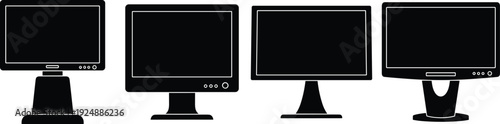 Black silhouette illustrations of computer monitors in row, showcasing technology design variations for office, ergonomic study, and digital art