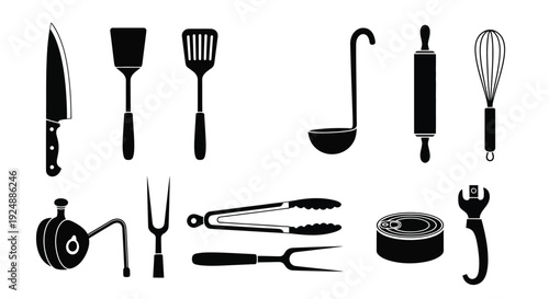 Black silhouette icons of various kitchen tools and utensils displayed in a row