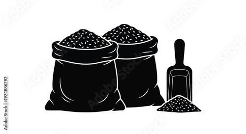 Two sacks filled with grain and a shovel depicted in black and white