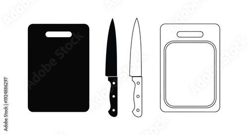 Simple black and white line drawing of kitchen tools and cutting boards