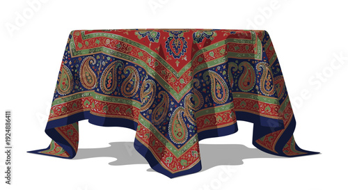 Vibrant paisley pattern tablecloth draped on rectangular table with elegant folded corners and dark blue border on white background