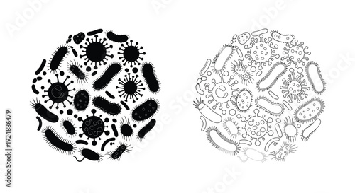 Illustration of various bacteria and microorganisms in black and white