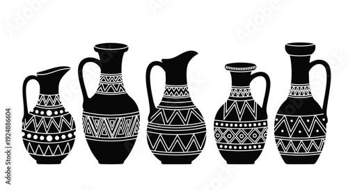 A collection of ancient greek amphorae and jugs in black silhouette
