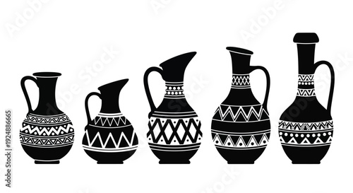 Black and white illustration of ancient greek pottery shapes in a row