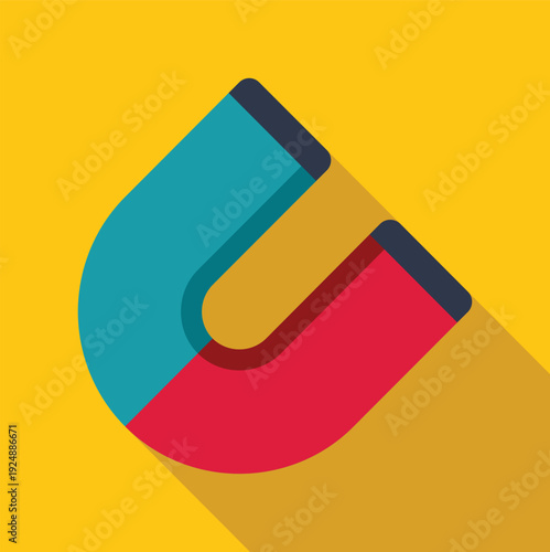 Horseshoe magnet graphic with blue and red poles on a yellow background, featuring a long shadow