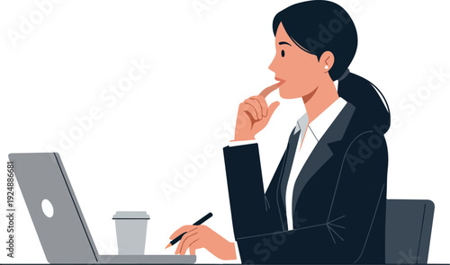 Woman Working on Laptop Thinking Thoughtful Pose White Shirt Black Suit Minimalist Vector