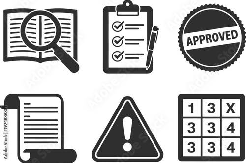 A set of black and white icons representing business and approval concepts