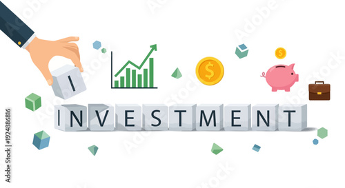 Building Investment: Hand Places Cube, Financial Growth, Piggy Bank, Coin, Graph Icons
