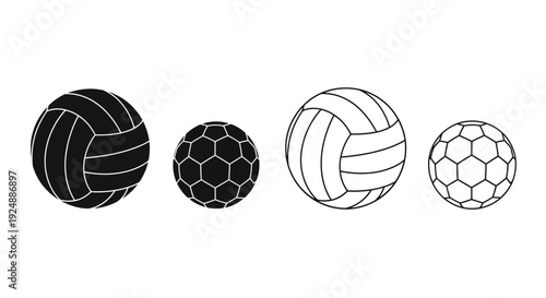 Four different sports balls in a row volleyball soccer and basketball