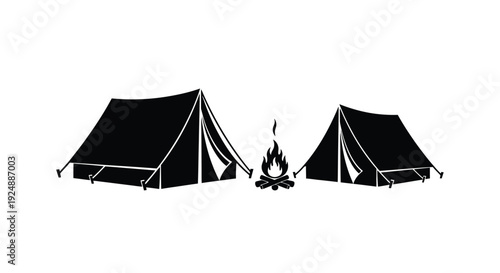 Simple black silhouette of two tents and a campfire outdoors