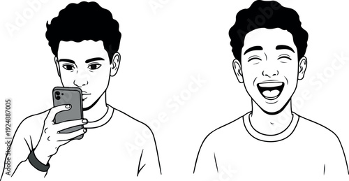 Young Man Laughing Looking at Phone Black and White Minimal Illustration