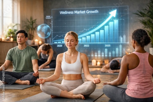 Yoga class wellness market growth concept with mindfulness and health industry trends