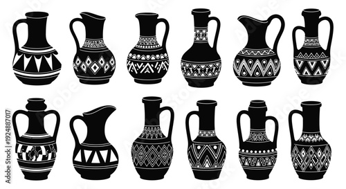 Collection of ancient pottery and ceramic jugs in black and white