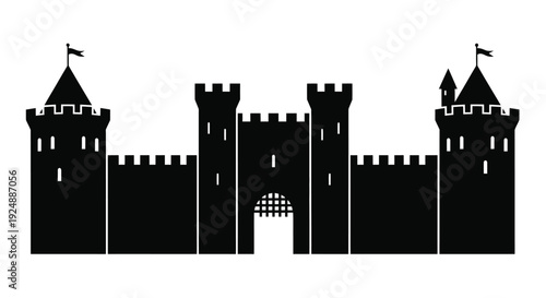 Simple black silhouette of a medieval castle with towers and walls