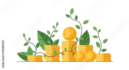 Growing Money Plant: Stacked Coins with Green Leaves and Vines