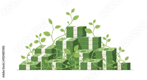 Growing Money Stack with Green Leaves and Vines - Financial Growth Concept