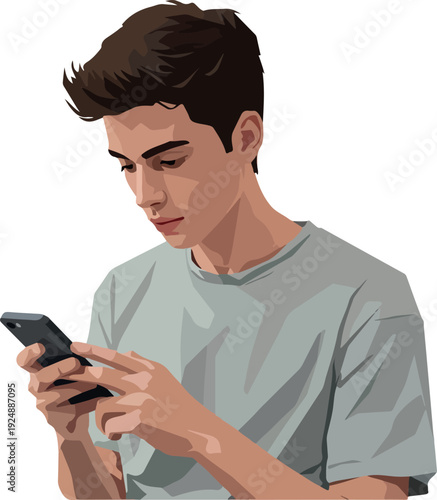Young Man Pixel Art Style Using Smartphone Light Gray TShirt Isolated