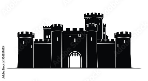 A black silhouette of a medieval castle with towers and a gate