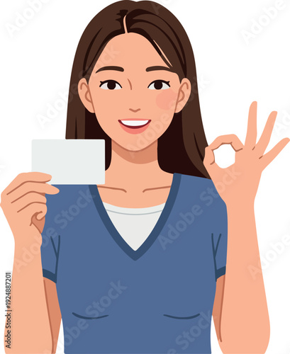 Young Woman Holds Blank Card Showing OK Gesture Flat Design White Background