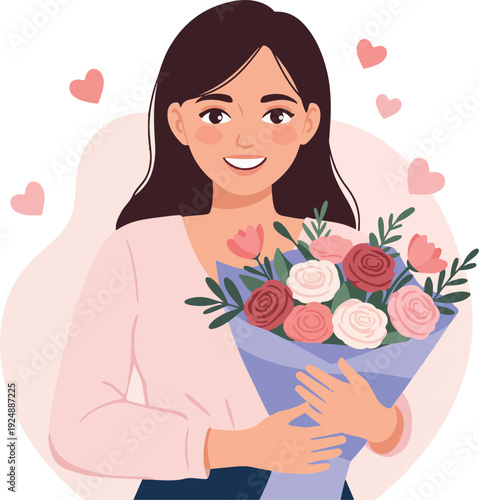 Young Woman Holding Pink Roses Bouquet Soft Pink Background Hearts