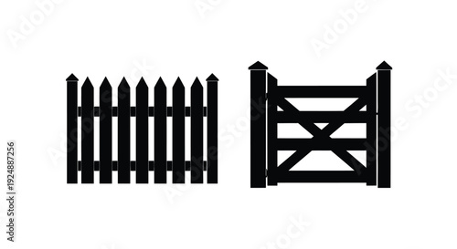 Black and white illustration of a picket fence and gate design