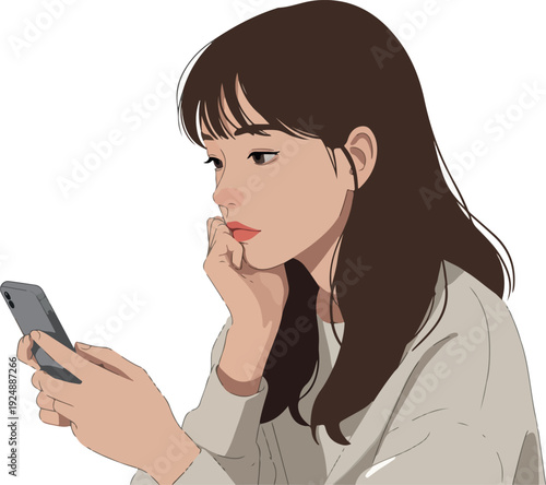 Young Woman Scrolling Phone Minimalist Illustration Beige Sweater White Background