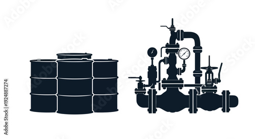 Industrial tanks and piping system illustration in dark blue monochrome