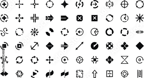 Black vector icon set featuring numbers, letters, arrows, and web symbols in circle button design style