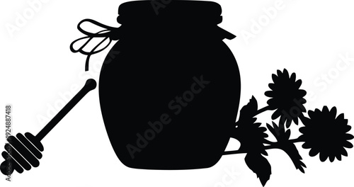 Cartoon style black and white silhouette illustration of a cute funny insect character with shovel and broom isolated on white background