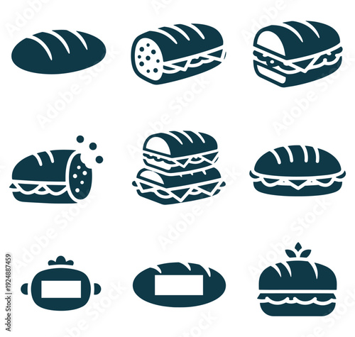 Collection of various bread and sandwich icons in dark blue silhouette on white background