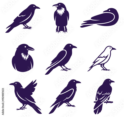 Collection of various crow and raven silhouettes on white background