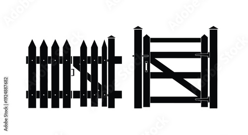 Simple black and white illustration of a picket fence and gate