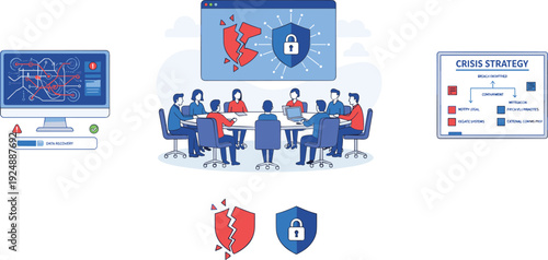 Cyber security crisis management illustration, business team data breach response and information protection concept design