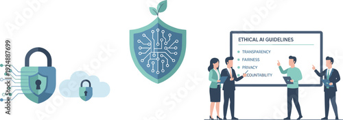 Ethical AI governance framework, cybersecurity data protection, secure cloud privacy policy, artificial intelligence compliance management, flat vector illustration